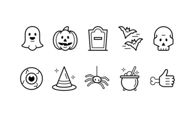 Set of Halloween line icons. Ghost, pumpkin, skulls % more. Black on white vectors.