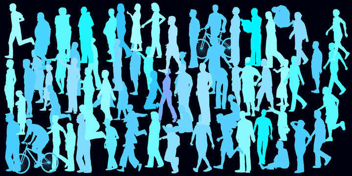 Background with silhouettes of people in different poses. Crowd. Vector illustration