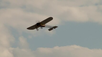  French Bleriot XI reconnaissance aircraft performs aerobatics at events dedicated celebration 100th anniversary Russian Air Force. Retro aviation First World War. Zhukovsky, Russia - August 09, 2012
