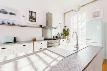Scandinavian style kitchen with fridge, oven and kitchen island with sink