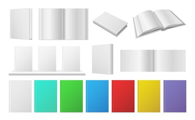 Obraz premium Realistic book mockup. White open books, color notebook covers. Isolated magazine, textbook, library vector set
