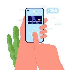 Pay by phone. Bills paid, ecommerce mobile services. Hand hold smartphone and approved payments. Credit debt control management utter vector concept