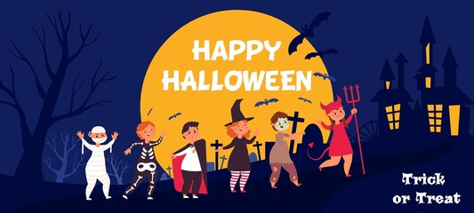 Happy halloween kids. Kid in costume at night, trick or treat party. Children group banner, cute creepy funny friends decent vector poster