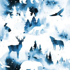 Watercolor winter vector seamless pattern with forest and animals under night sky. Wild animals silhouettes and trees isolated on background. Bear, wolf, deer; hare, fox, birds.