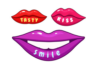 Sexy woman lips. Isolated lip with text smile kiss tasty. Cartoon female red pink mouth vector patches