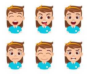 Cute beautiful kid girl character avatar with different emotions and facial expression