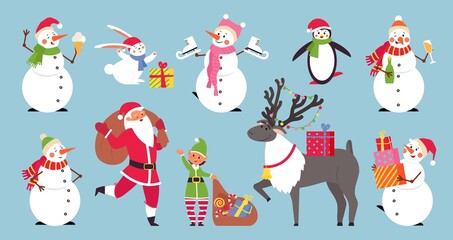 Flat cartoon christmas characters. Merry holiday, cute penguin, santa and elf. Adorable snowman and deer, kids new year decent vector elements