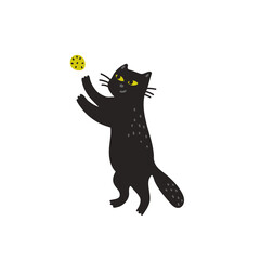 Black cat vector illustration, Cute kitten playing with ball. Vector illustration in flat cartoon style on white background