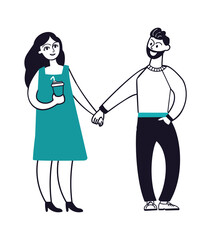 Young couple walking. People in love, cute girl and man holding hands. Woman with take away drink, flat isolated vector characters