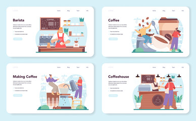 Barista web banner or landing page set. Bartender making a cup of hot coffe