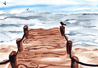 Watercolor landscape with sky, bird, pier, beach and sea or lake. Watercolor blurred background