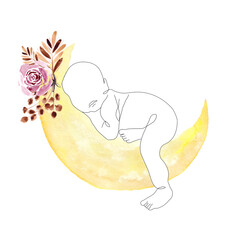 Cute Illustration of line art new born baby on watercolor moon and flowers isolated on white background for cute postcard, logo, for the design of a children`s room, for invitations, greeting cards