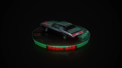 Neon gas retro car. Dodge challenger. Neon light, fog rain and night. Color reflections on wet asphalt. 3D illustration. 4K video.