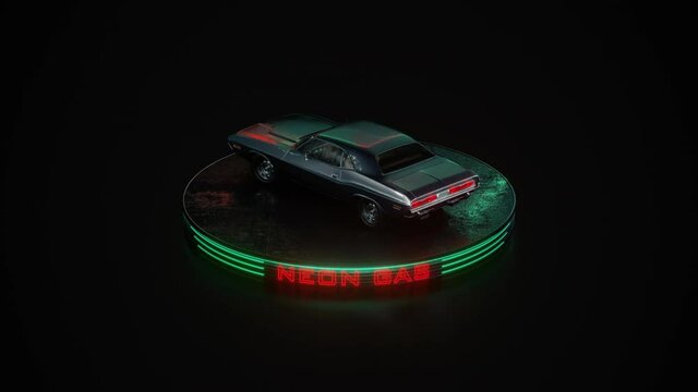 Neon gas retro car. Dodge challenger. Neon light, fog rain and night. Color reflections on wet asphalt. 3D illustration. 4K video.