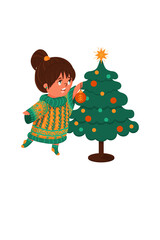 Vector cute cartoon girl in ugly sweater decorates a Christmas tree with a bauble for a party. Funny little child in a woolen jumper with ornament celebrates New year. Isolated illustration.