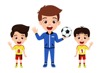Happy kid boy footballer character standing with football and waving and with coach isolated