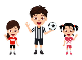 Happy kid girl footballer character standing with football and waving and with referee