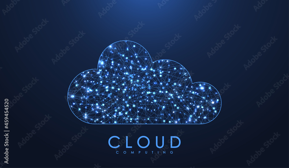 Poster Cloud computing technology concept. Polygonal wireframe cloud storage sign with dots and lines. Digital computing technology background. Data protected exchange. Vector illustration