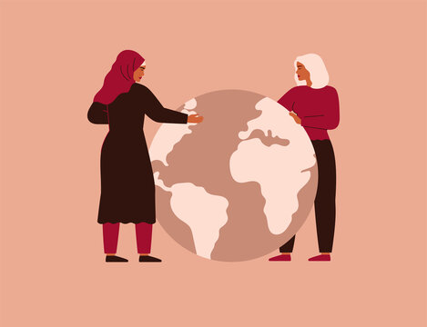 Two women hug big planet Earth with love and care. Arabian and Caucasian girls stand near Globe. Concept of the female empowerment movement and Environment conservation. Vector illustration