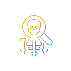 Anatomy gradient linear vector icon. Human body structure study. Anatomy lessons. Skeleton under magnifying glass. Thin line color symbol. Modern style pictogram. Vector isolated outline drawing
