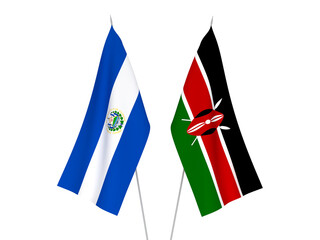 National fabric flags of Kenya and Republic of El Salvador isolated on white background. 3d rendering illustration.