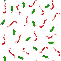 Christmas background. Christmas decor pattern, leaves and candy. Red and green on a white background.
