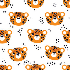Cute pattern with leopard faces. Children's design in a cartoon doodle style