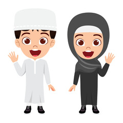 Happy cute kid boy and girl student character wearing beautiful Muslim outfit Hijab