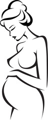 Stylized silhouette of a young beautiful pregnant woman in profile. Vector illustration. Female body stylized with artistic lines