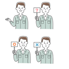 丸、バツ、はてなが書かれた札を持っている工務店の社員のセット