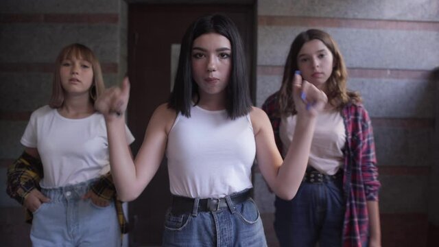 Portrait of teenage girl chewing gum gesturing and friends approaching crossing hands looking at camera. Three Caucasian adolescent female bullies posing