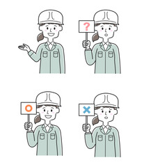 丸、バツ、はてなが書かれた札を持っている工務店の社員のセット（ヘルメット）