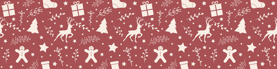 Christmas pattern with festive decorations. Panoramic header. Vector