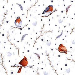 Seamless winter patterns with birds, feathers, stars, snowflakes and snowballs, twigs and branches, Christmas toys on the white background. Endless hand-painted ornaments for Christmas and New Year