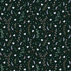 Seamless winter pattern with twigs and branches, leaves, red berries, snowballs on black background. Endless botanical background for wrapping paper, scrapbooking, gift wrapping, textile, decorations