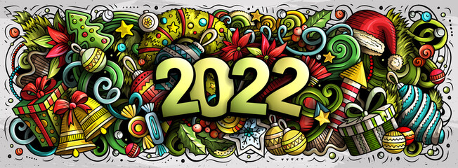 Fototapeta premium 2022 doodles horizontal illustration. New Year objects and elements poster
