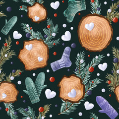 Seamless winter pattern with fir-tree branches, snowballs, Christmas toys, woodcut rings, knitted socks, and mittens on dark background. Endless botanical background for wrapping paper, scrapbooking