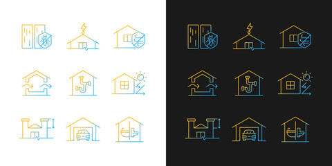 Home building standards gradient icons set for dark and light mode. Weather resistance. Thin line contour symbols bundle. Isolated vector outline illustrations collection on black and white