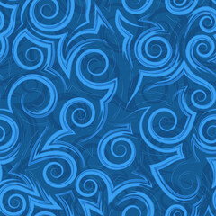 Seamless vector pattern of blue spirals curls and corners.Geometric pattern of abstract elements of stripes and broken lines.Stylized geometric seamless pattern of sea waves or currents.