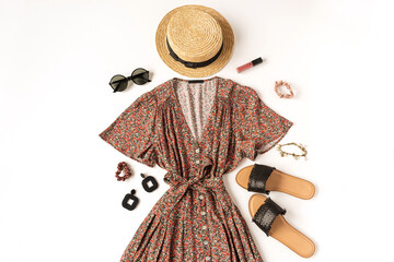 Feminine summer aesthetic fashion clothes composition with sundress, slippers, sunglasses, straw...