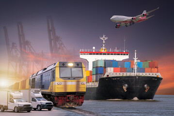 cargo plane flying above container dock and ship port use for transportation and freight logistic...
