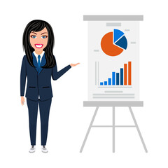 Cute businessman character pointing to presentation board sale graph  