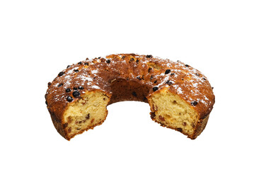A piece of round fruitcake, sprinkled with powdered sugar