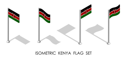 isometric flag of Republic of Kenya in static position and in motion on flagpole. 3d vector