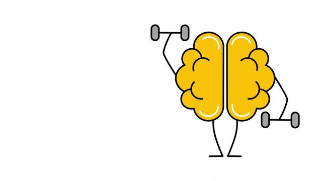 4k video of cartoon yellow brain character with weights.