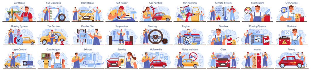 Car service set. Automobile got fixed in garage. Mechanic in uniform