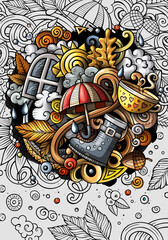 Cartoon cute colorful hand drawn doodles Fall season banner