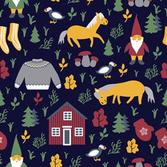 Seamless vecto pattern Icelandic winter clothes, animals, Christmas elf isolated on white background, decorative scandinavian colorful backdrop, cartoon flat european accessory for design wallpaper
