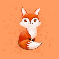 Cartoon cute fox on an orange background with autumn leaves for print, wallpaper, postcards, textiles. Animal character design.