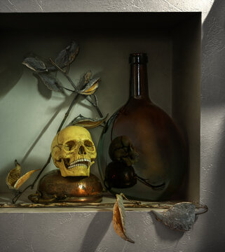 Still life with a skull on a copper bowl, withered plants and a large bottle with a reflection of the skull. Halloween.